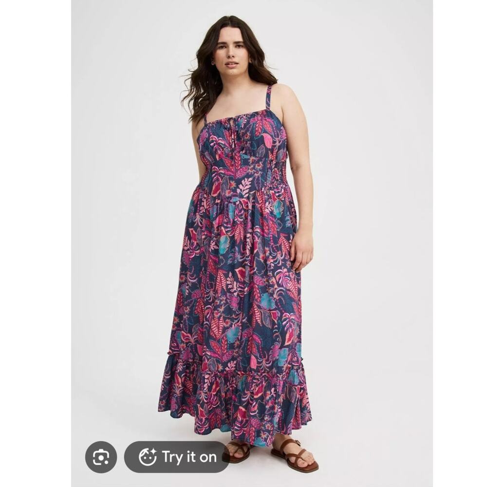 Torrid Smocked Tiered Maxi Dress 3 3X 22-24 Resort Colorful Floral Festival Boho